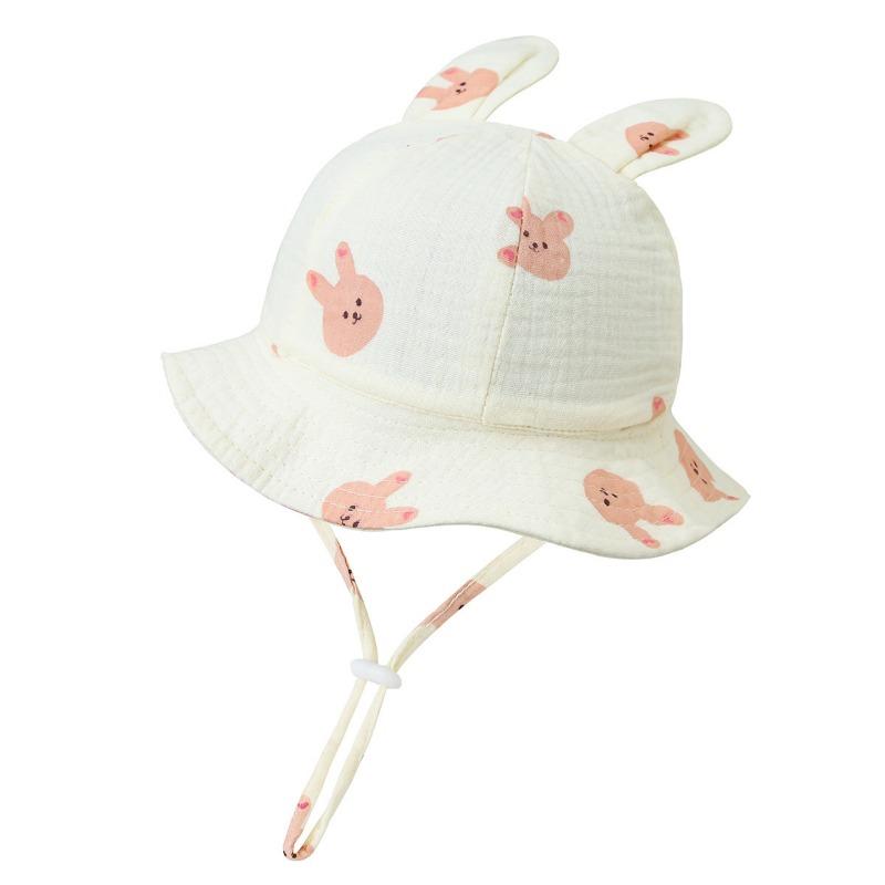 New Baby Gauze Basin Hat Baby Pleated Printed Bucket Hat Rabbit Ear Sun Hat 3-12M