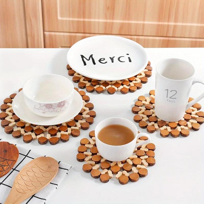 Round Bamboo Heat Coasters Pot Holders Table Decor Non-Slip for Coffee Ten Cups Durable Woode Desk Mats Hot Pans Water Cup Mat