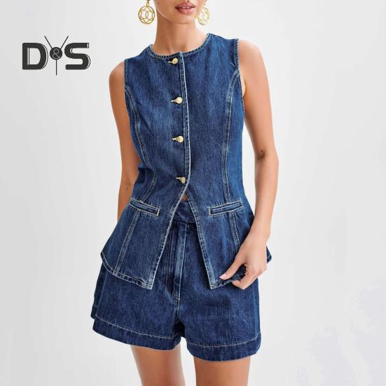 Damen Weste Shorts Ärmellos Einreihig Geteilter Saum Rundhalsausschnitt Knöpfe Slim Fit Hohe Taille Einfarbig Kurze Hose