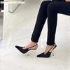 Fashion Satin Fabric Square Toe Metal Thin Heel Women High Heels Back Strap Slingback Fashion Sandals Black/white 2025 New Pumps