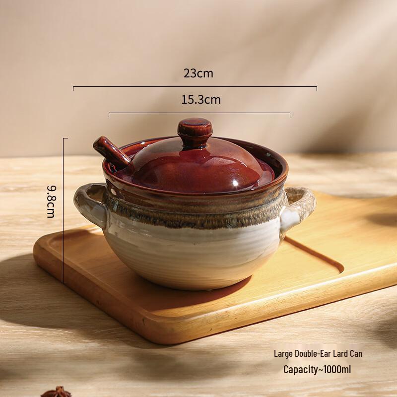 

Vintage Ceramic Lard Pot with Double Handles