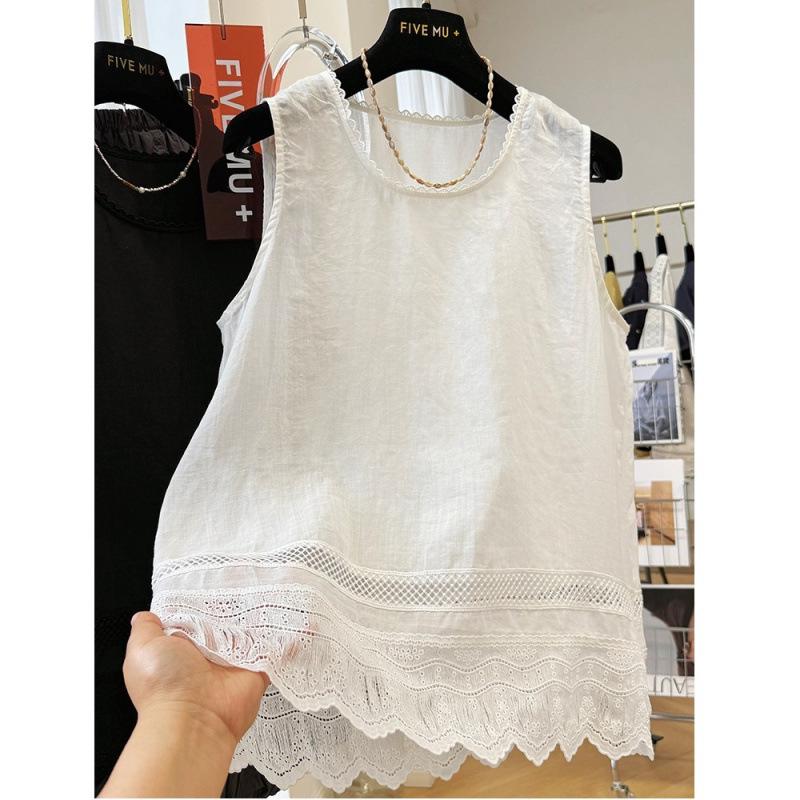 Lace Trim Ramie Cotton Round Neck Sleeveless Cardigan 