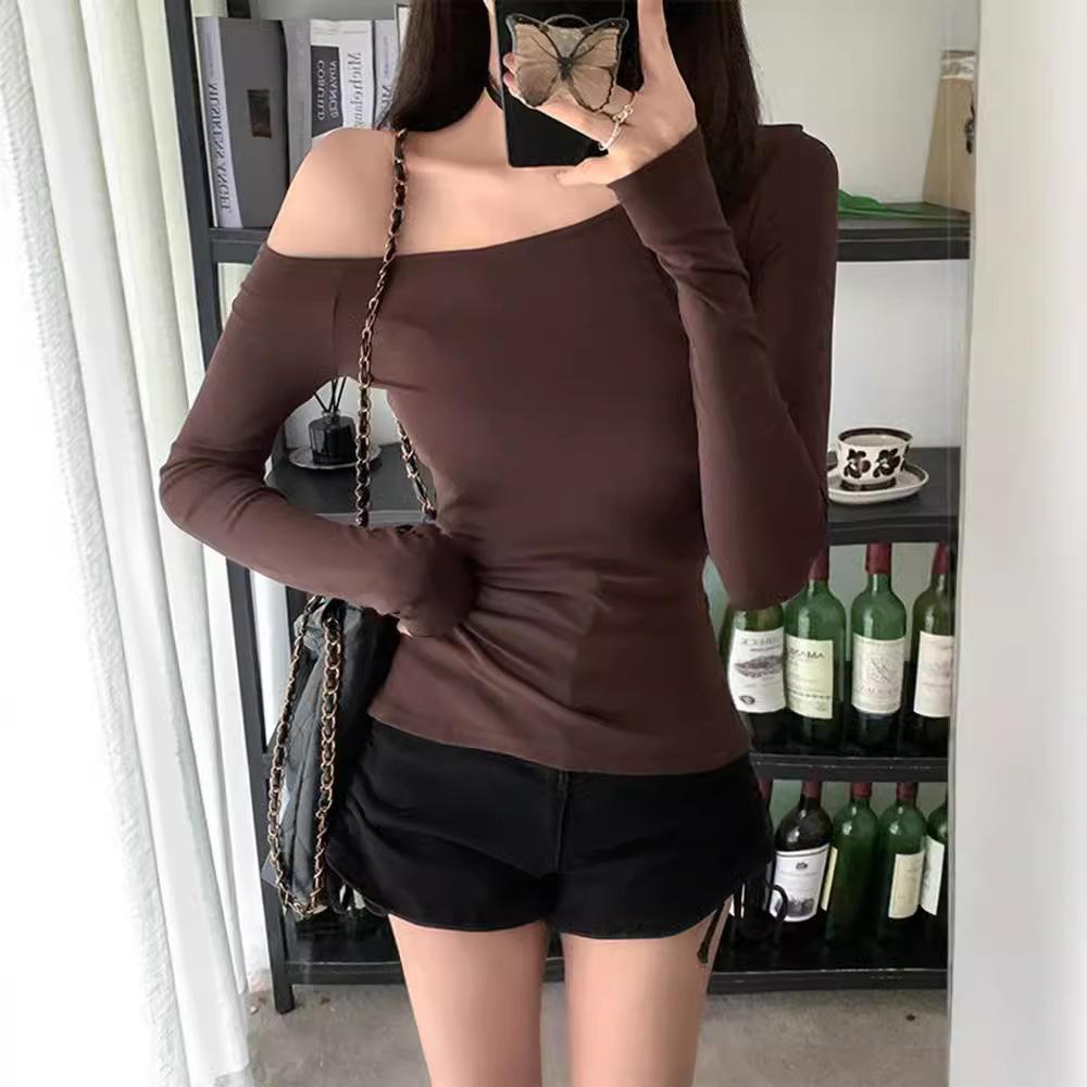 Slant Shoulder Long-sleeved T-shirt Women's Early Autumn New Super Fire Slim and Thin Spice Girl Niche Off-the-shoulder Top