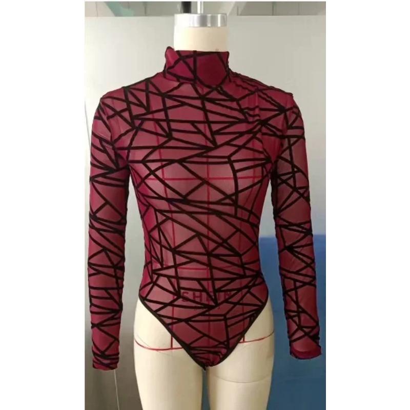 New Fashionable Sexy Long-sleeved Turtleneck Lace Sexy Textured High-waisted Fun Onesie Pajamas See-through See Through Bodysuit