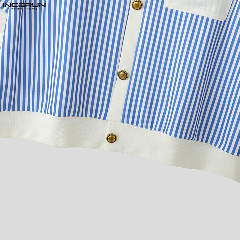 INCERUN Summer Men Lapel Short Sleeve Striped Print Patchwork Button Up Casual Crop Shirts
