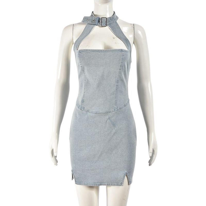 

European and American Women s Clothing Stretch Jeans Button Neck Dress Bandeau Sexy Sexy Cut Out 51177 Zipper Bodycon Dress Women Blue S