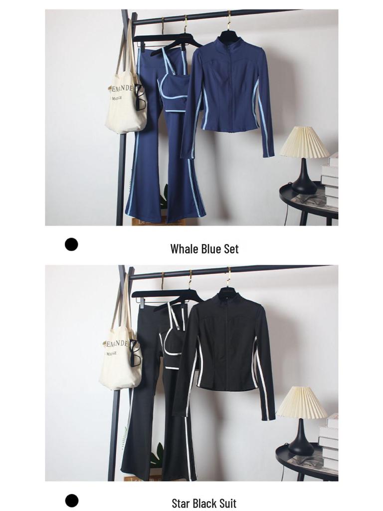 Damen Yoga Sportbekleidungsset: Hochtaillierte Schlaghosen, Schlankmachend, Tanz, Laufen, Reißverschluss, Dreiteilig für Herbst/Winter.