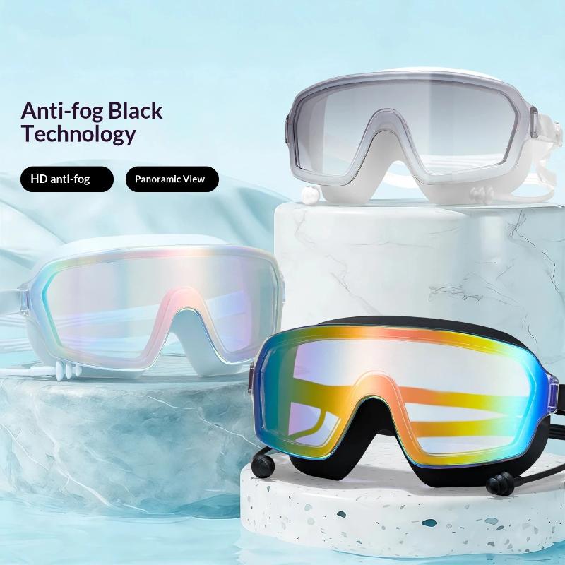 Large Frame Anti Fog Swim Goggles With Ear Plugs Panoramic Wide View Waterproof Swimming Glasses For Adults Pool Beach Water Spo