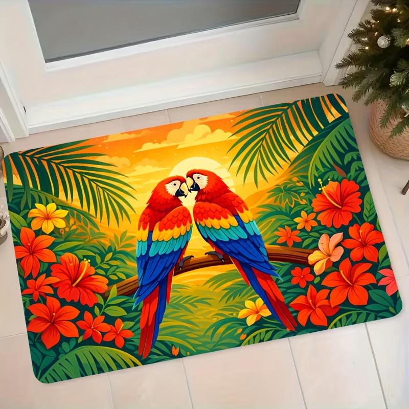 1pc Flannel Mat Tropical Parrot Floral Palm Leaf Pattern Entrance Door Mat Bathroom Bedroom Non-Slip Water-Absorbing Foot Mat