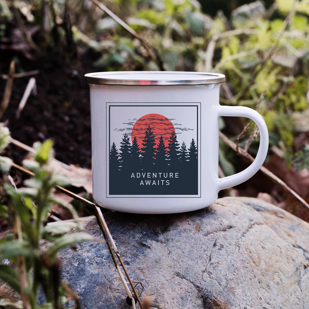 Sunset Forest Creek Creative Enamel Coffee Mugs Outdoor Travel Water Cups Camping Bonfire Party Beer Drink Milk Mug Best Gifts