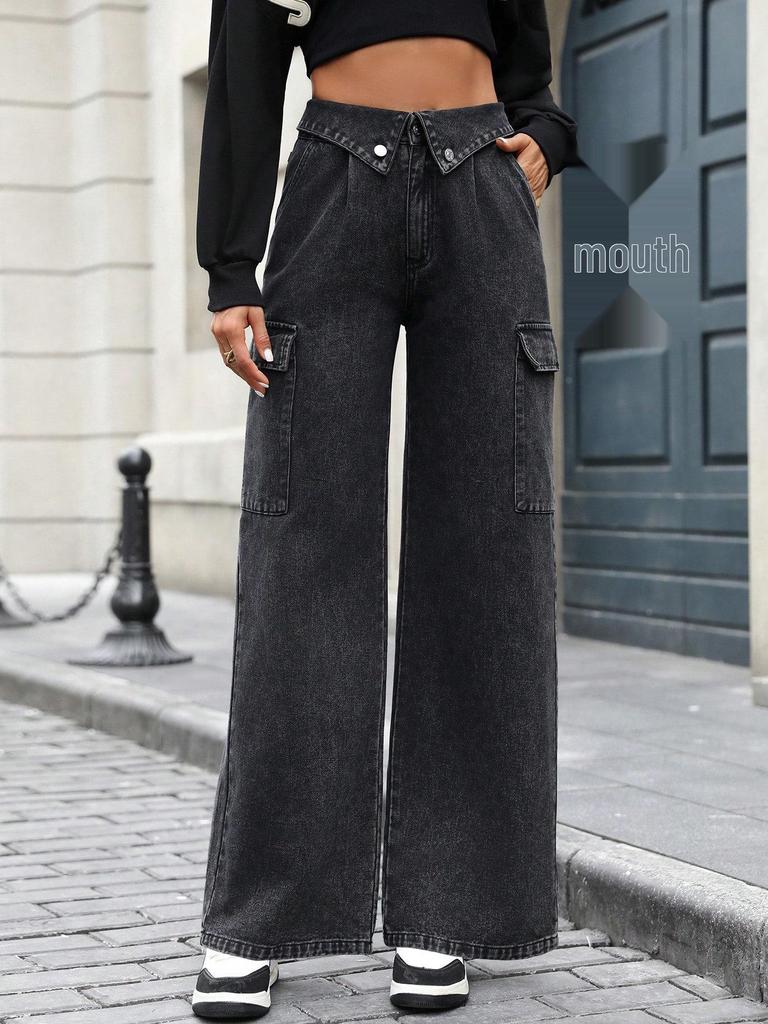 In-Stock Women's European & American Style Casual Loose Denim Pants with Large Pockets