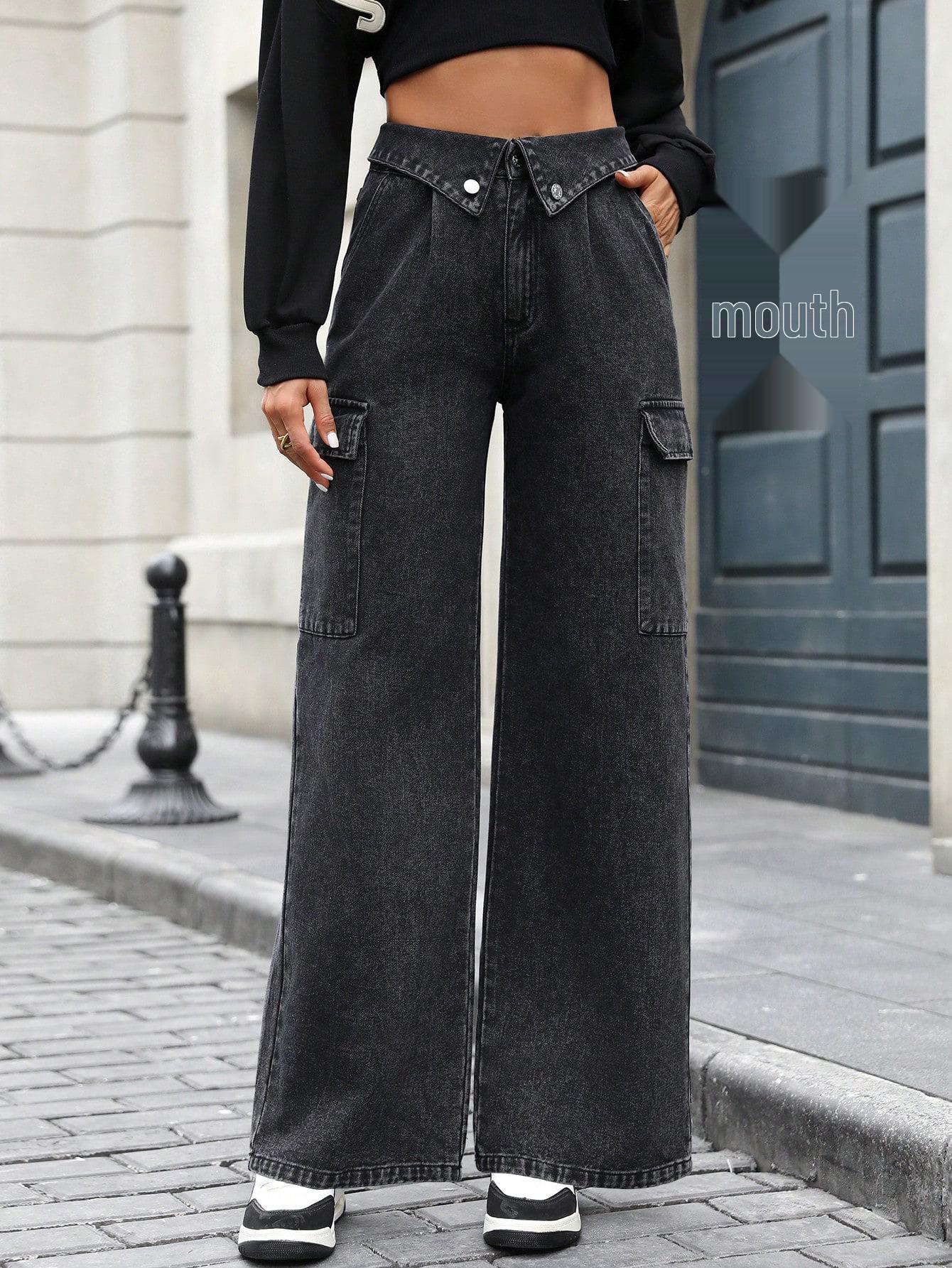 

Женские европейские/американские повседневные свободные джинсовые брюки в стиле INS с большими карманами M чёрный