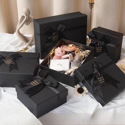Svart nästlad presentask med lock, Alla hjärtans dag-present, förpackningsask med rosett och etikett, Thanksgiving födelsedag, bröllop, Mors dag-present