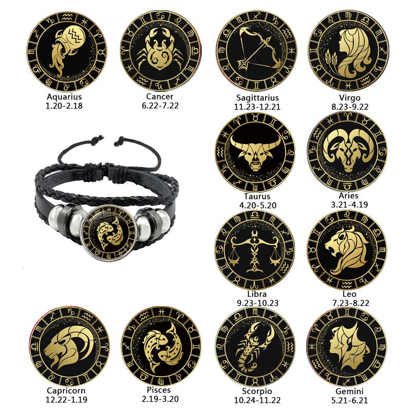 Bracciale Costellazione 1/12 Scorpione Sagittario Capricorno Acquario Corda Nera Bottone in Pelle Gioielli Zodiacali Regalo