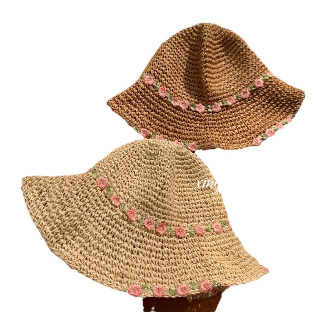 Pastoral style~ summer woven straw hat women's seaside vacation sunshade small flower sun straw hat foldable