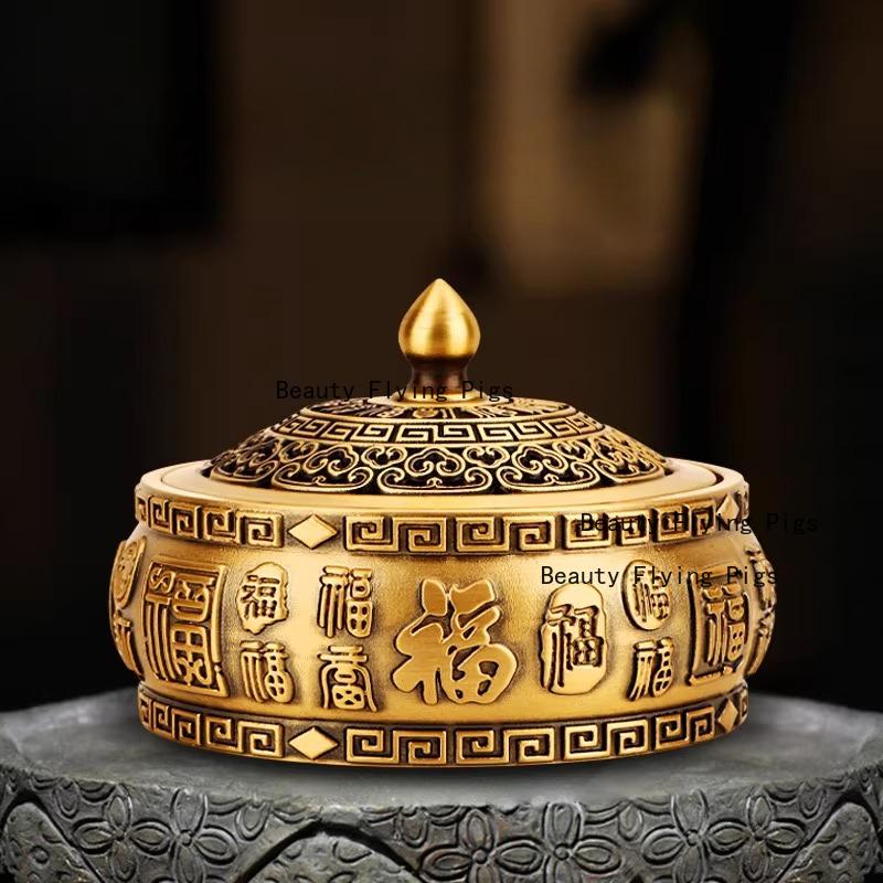 1pc Metal Ashtray Flat Bottomed Ashtray with Lid Desktop Ornament Buddhist Temple Utensils Incense Burner Home Decoration