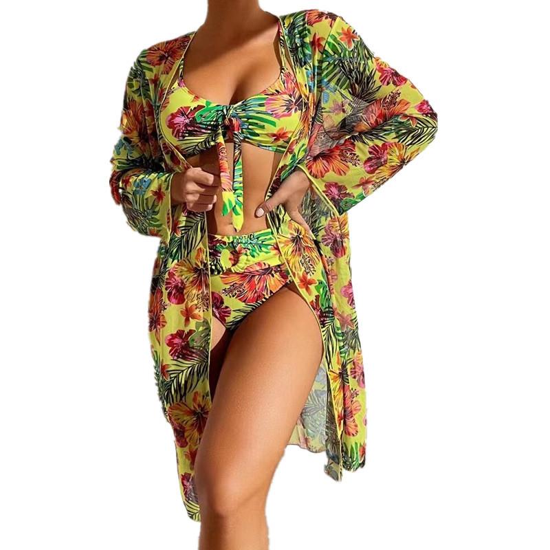 2026 New Swimsuit Printed Blouse Three-piece Set for Women's Bikini