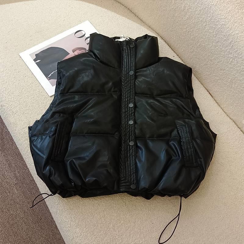 

PU leather short down vest women s outer wear 2025 autumn and winter new fashion stand-up collar warm white duck down vest vest vest M чорний