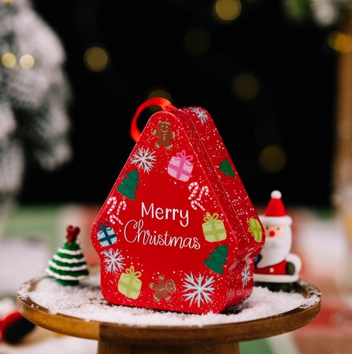 Tinplate Present Box with Handle and Polygon Design Featuring Festive Cartoon Print for Christmas Storage and Decor Use