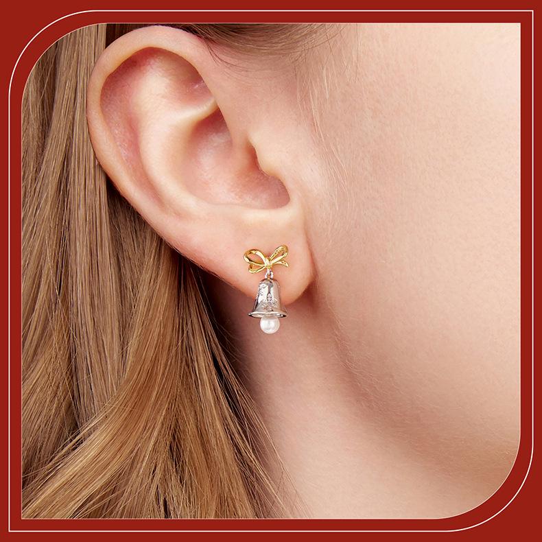 Yinziyun Christmas Snowflake Bell Earrings: S925 Sterling Silver Bow Studs