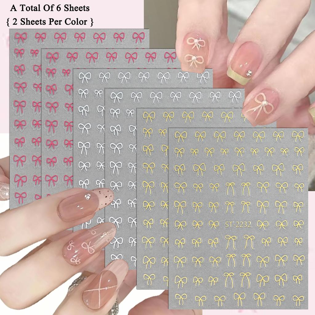 2 To 30 Sheets Transparent Bow Nail Stickers 3D White Pink Black Gold Lace Ribbon Nail Art Decals for DIY Manicure