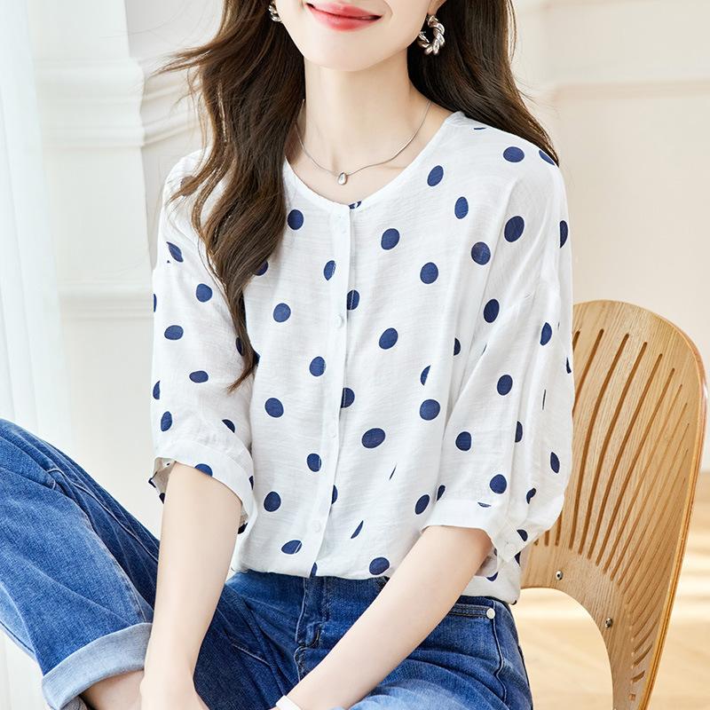 

Polka Dot Printed Round Neck Shirt for Summer New Korean Style Loose Slim Niche Five-point Sleeve Top M