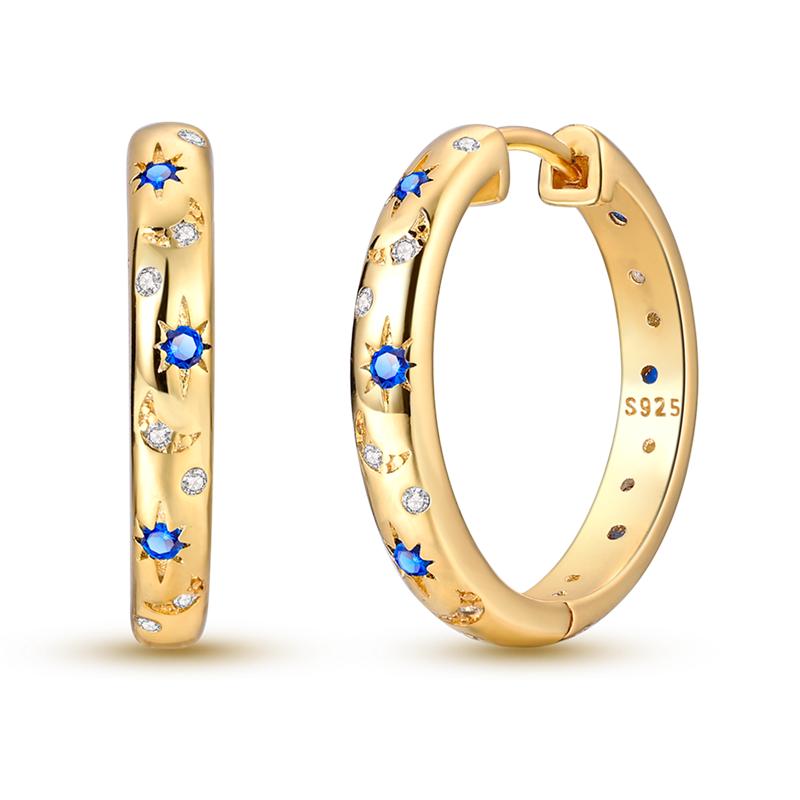 

925 Silver Golden Earring Women CZ Zircon Hoop Ear Studs Sparkling Pave Moon Star Earring Wedding Anniversary Gift