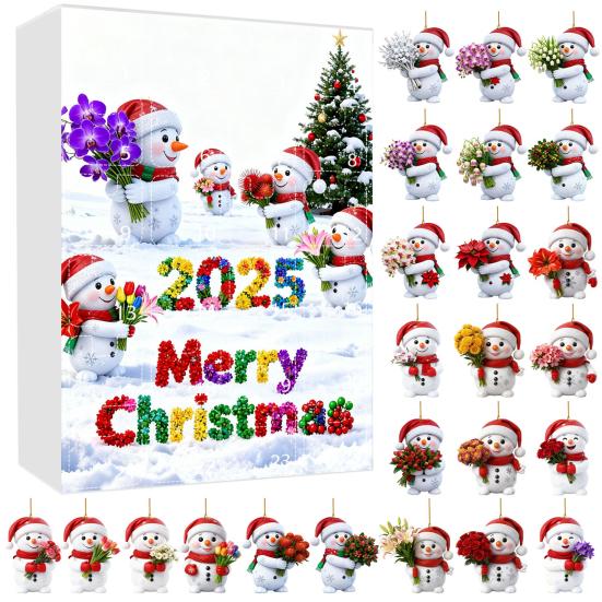 2025 Snowman Advent Calendar for Kids 24-Day Christmas Countdown Box with Acrylic Ornaments Multifunctional Holiday Decoration