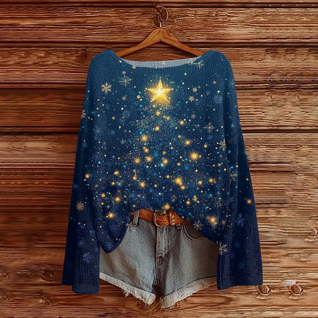 Women's Fashion Round Neck Long Sleeve Christmas Print Casual Pullover Sweater Top