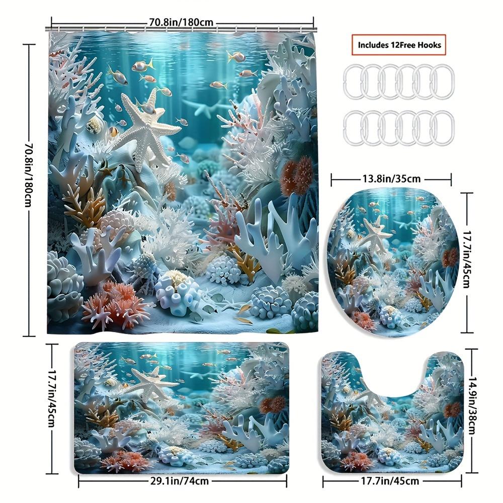 1/4pcs  Bathroom Shower Curtain Set  Ocean Wind Shell Starfish Bathroom Curtain With 12 Hooks Non Slip Rugs Toilet Cover Mat Bathroom Partition