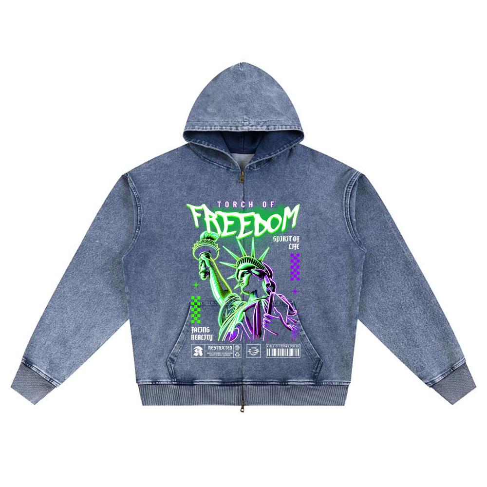 DTG Print Knitted Denim Zip-Up Hoodie Torch Of Freedom Brother Print Zipper Hoodies