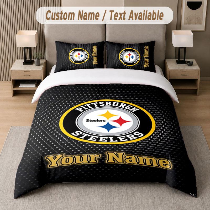 Custom Bedding Set Pittsburgh Steelers Pattern, Print Name Text 1 Duvet Cover Plus 2 Pillowcases Home Textile