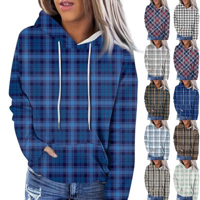 Dámska módna ležérna mikina s kapucňou s dlhým rukávom a károvanou potlačou