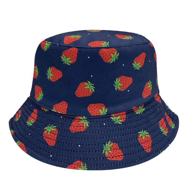Chapéu de Pescador Criativo de Verão com Estampa de Morango Dupla Face Chapéu de Sol para Praia ao Ar Livre Estilo Coreano Proteção Solar Chapéu de Frutas