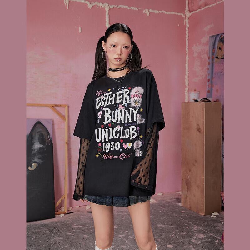 UNIFREE Faux Two-Piece Mesh Spliced Short Sleeve T-Shirt S