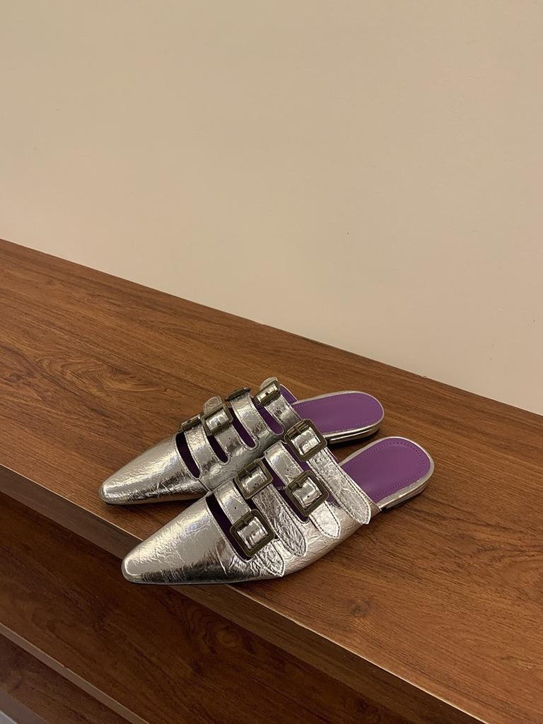 Fashion 2025 Women's Fashion Baotou Slippers Summer New Pointed Hollow Metal Buckle Soft Sole Anti-slip Wear-resistant Flat Sandals