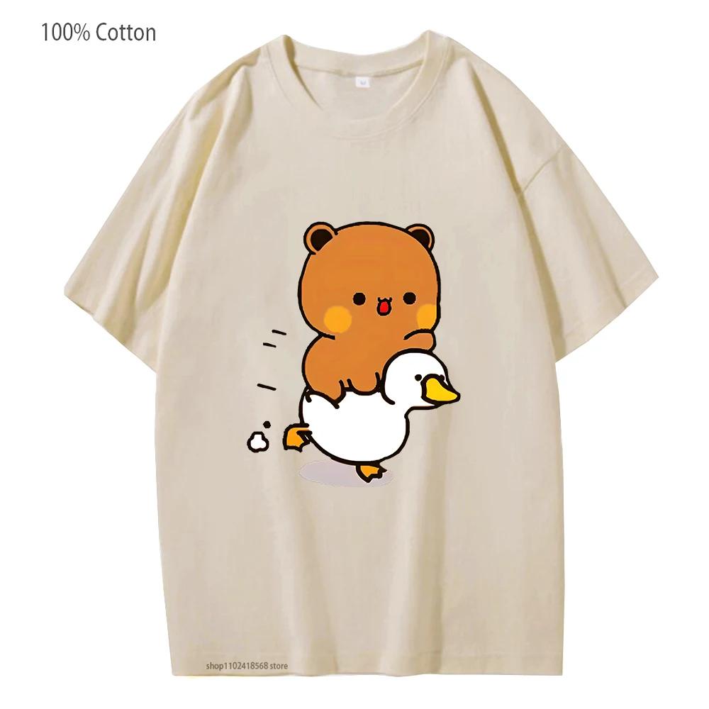 Cute Bubu and Duud Is Riding A White Duck Tshirt Panda and Brownie Bear Clothes Cotton T-Shirts for Men Women Couple