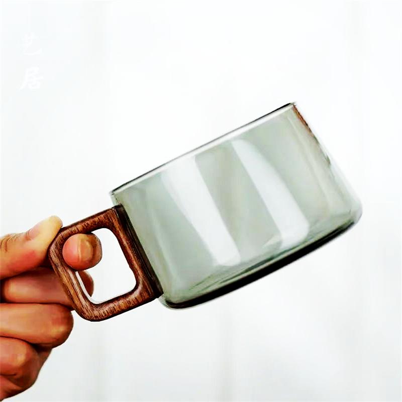 Cană de cafea din sticlă americană Latte de 200 ml cu tavă de lemn lingură ceașcă de ceai cu lapte rezistentă la căldură ceașcă de cafea proaspătă măcinată