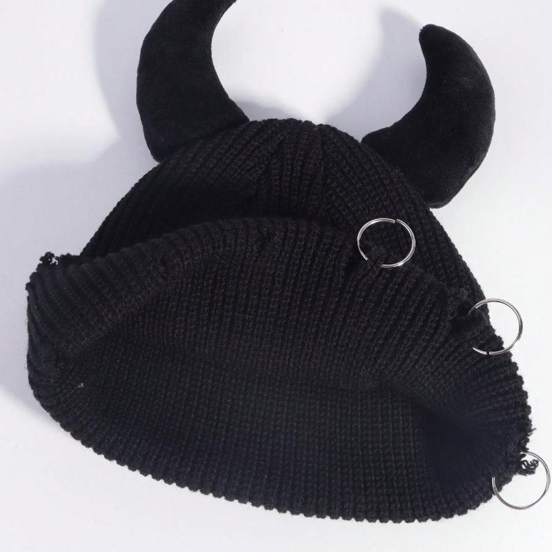 1pc Unisex Horns Cartoon Beanie Hat,Cute Warm Multi-functional Skull Street Cap,Suitable for Halloween,party,festival in Winter