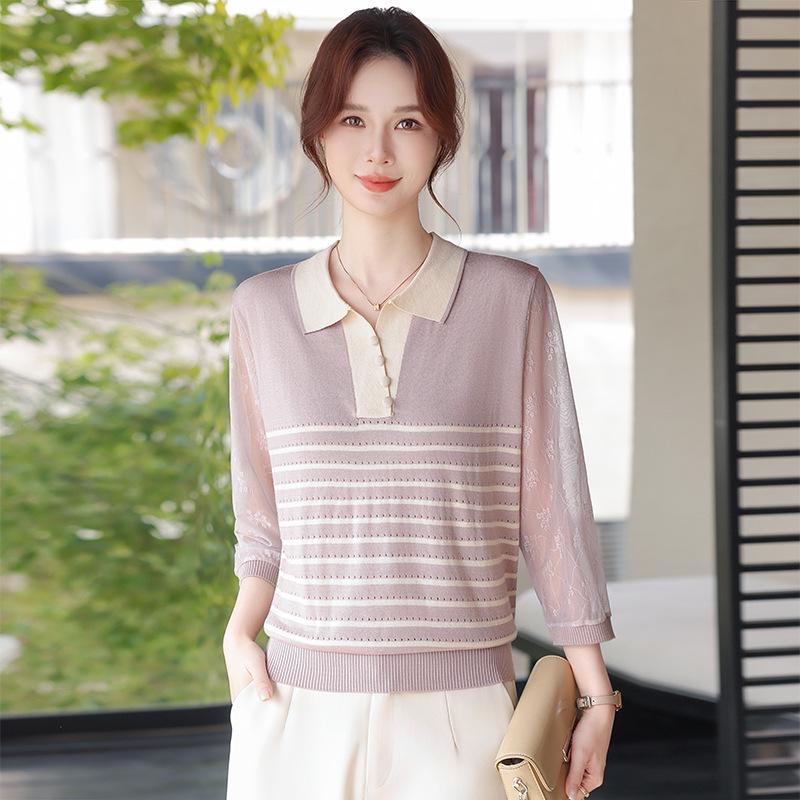 

Mother s Spring Knit Lapel Striped Top for Middle-Aged & Elderly Women - Seven-Sleeve Loose T-Shirt. XL [52.5-60 kg] рожевий