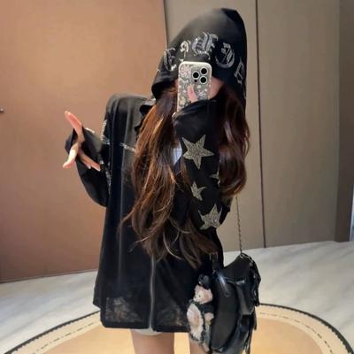 Womens Oversized Hooded Jacket With 3D Star Rhinestone Embellishment Lightweight Long Sleeve Outdoor Top