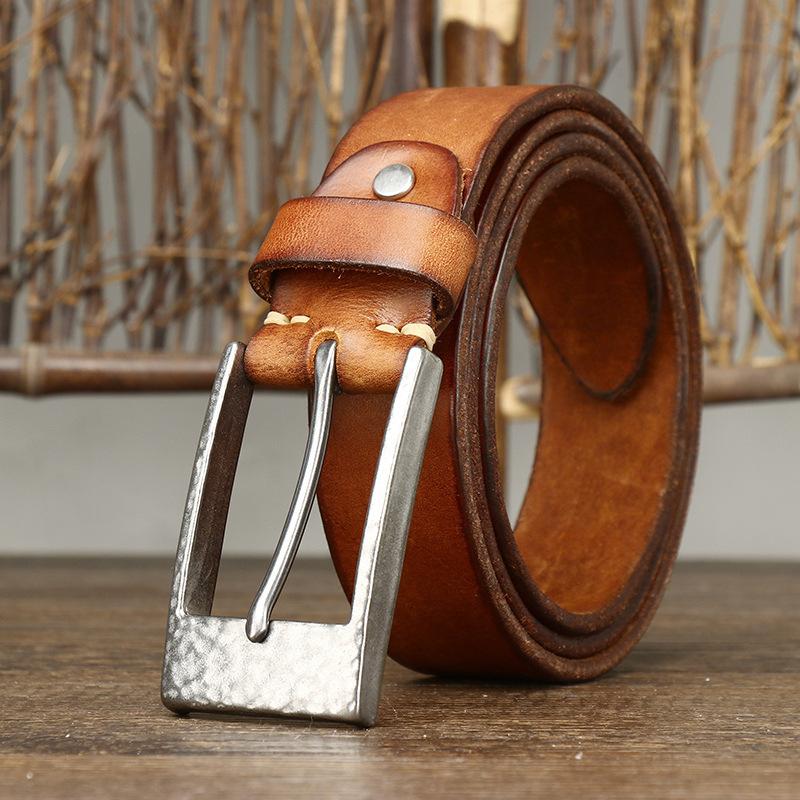Bold And Thickened Hammer Pattern Stainless Steel Button Head Belt, Men'S Genuine Leather First Layer Cowhide Trendy Versatile Denim Belt