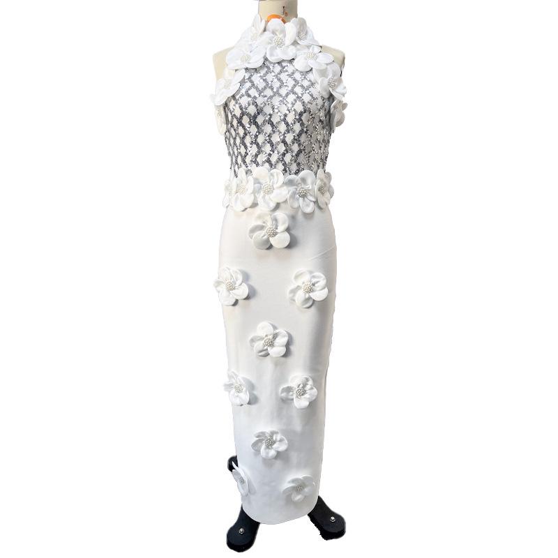 Cross-Border New Fashion 3D Floral Sequin Sleeveless Bodycon Evening Gown Medium белый