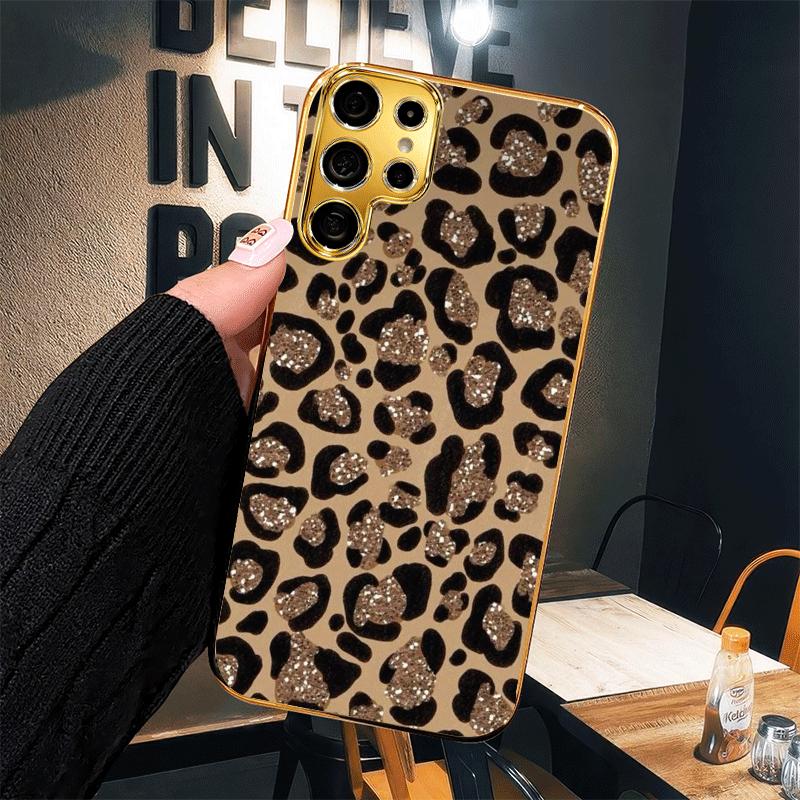 Sparkling Golden Glitter Leopard Print Textured Glass Phone Case for Galaxy s26 /S25/S24 Ultra/S23/S22/S21/S20 FE/S20 Ultra