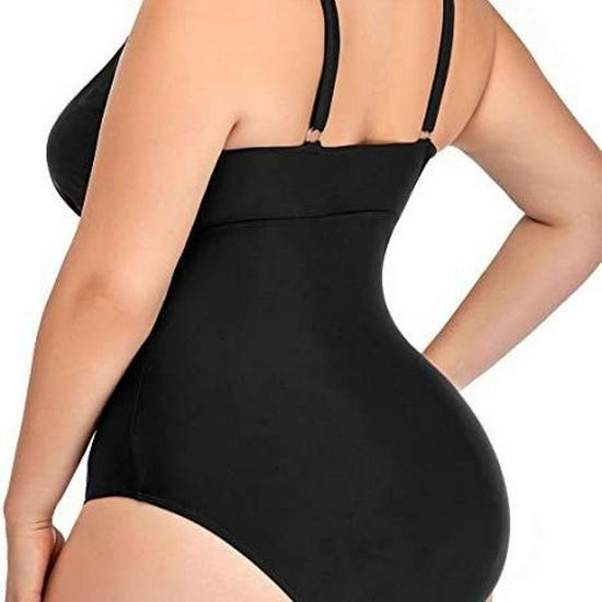 2023 Plus Size V-Neck Backless One-Piece Bikini Swimsuit with Hollow Out Solid Color Design