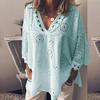 Women Half Sleeve Cotton Linen Hollow Out  Lace Patchwork T-Shirt Blouse Tops