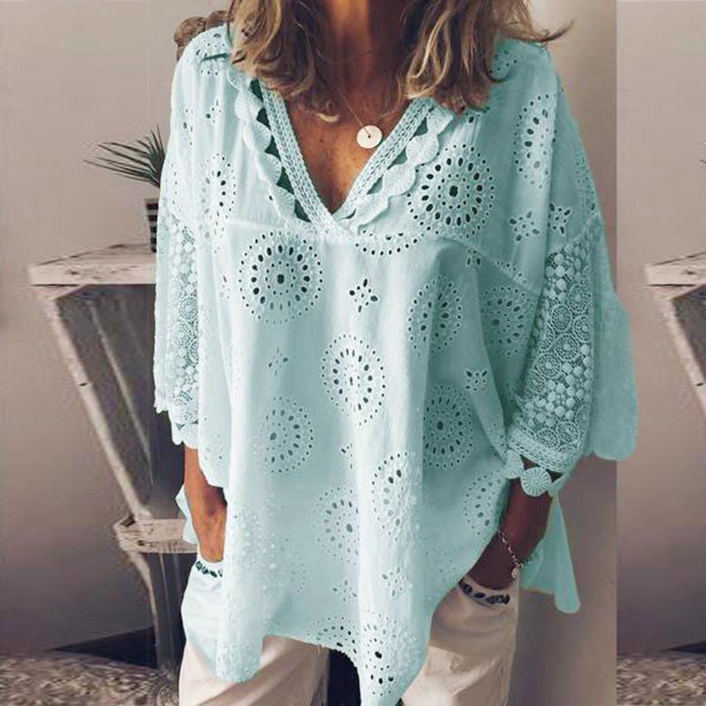 Women Half Sleeve Cotton Linen Hollow Out  Lace Patchwork T-Shirt Blouse Tops