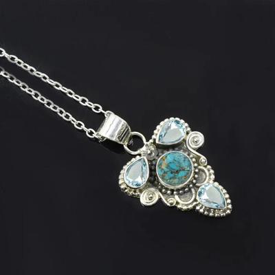 Solid 925 Sterling Silver Turquoise Blue Topaz Handmade Statement 18 Inch Necklace Jewelry