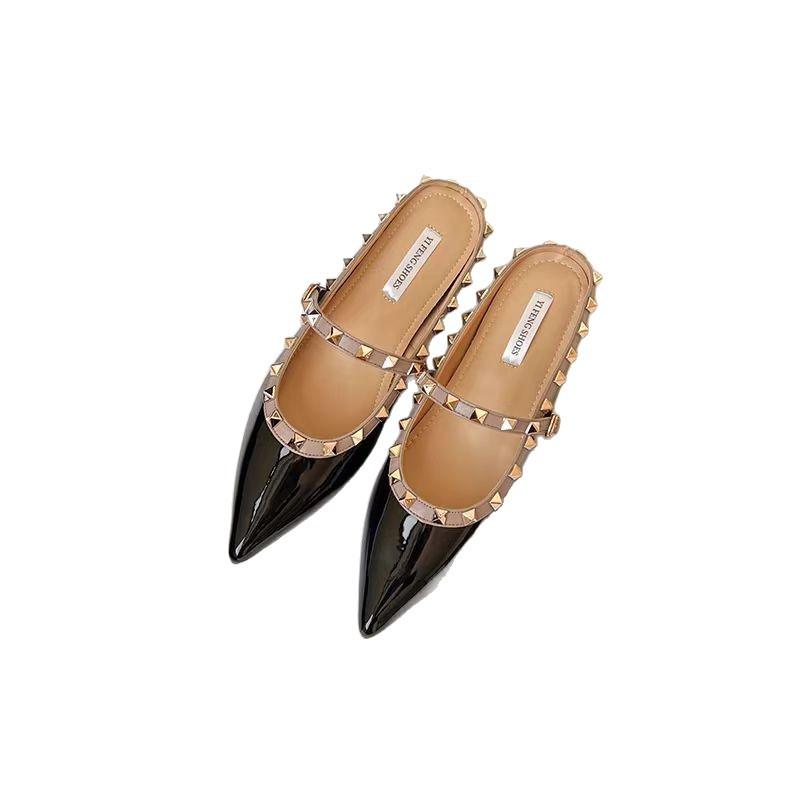 Pointed rivet flat-soled single shoes women's summer shallow mouth inner height increase soft-soled ladyshoes Mary Jane shoes small leather shoes