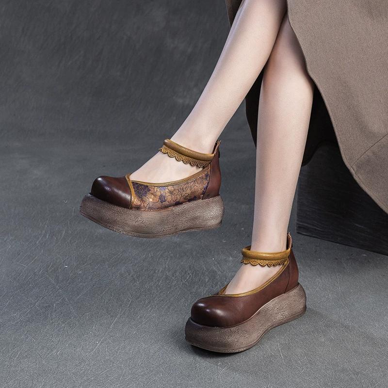 Fashion GKTINOO Retro Round Toe Thick Soled Shoes For Spring Summer 2025 New Genuine Leather Flower Women's Flat Platform Shoes